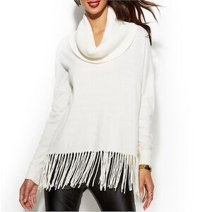 Michael Kors Cream White Cotton Statement Fringe Sweater Shawl Funnel Collar LRG